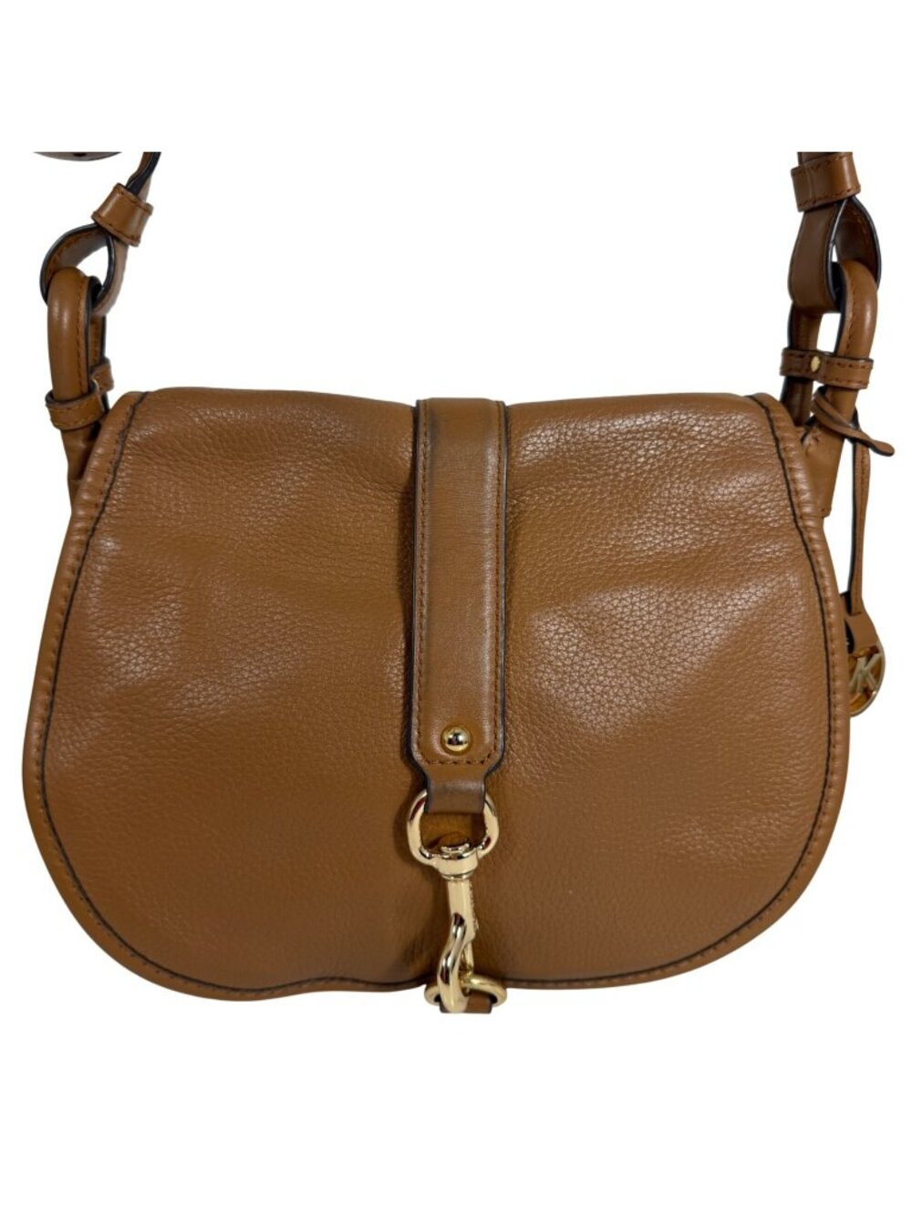 Michael Kors Jamie Saddle Bag Acorn Brown Leather Dog Leash Clasp Crossbody Bag